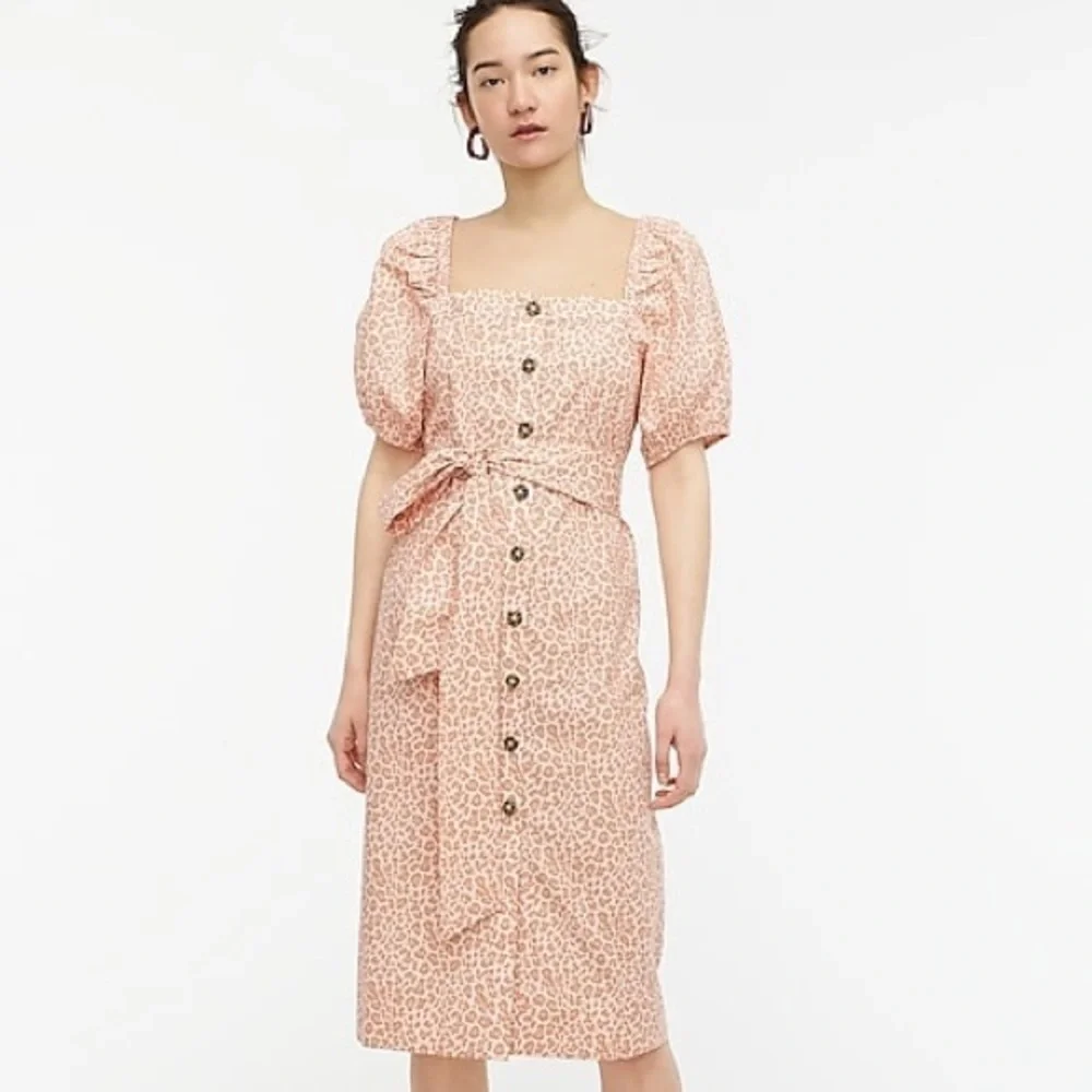 J. Crew Pink Leopard Midi Cotton Removable Belt Puff Sleeve Cottage Midi Dress